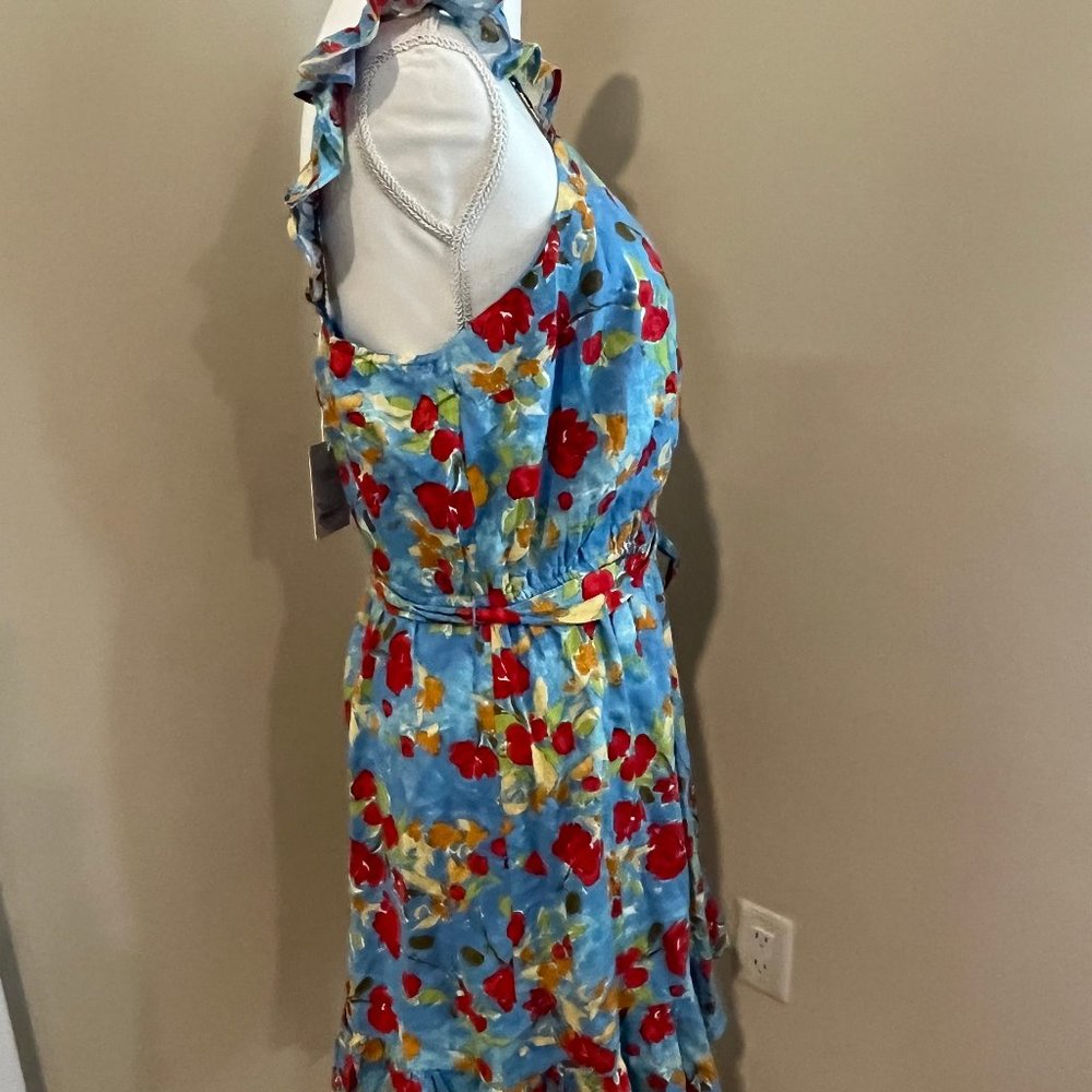 LC LAUREN CONRAD floral WRAP DRESS sleeveless BELT blue SIZE xxl - Picture 7 of 13